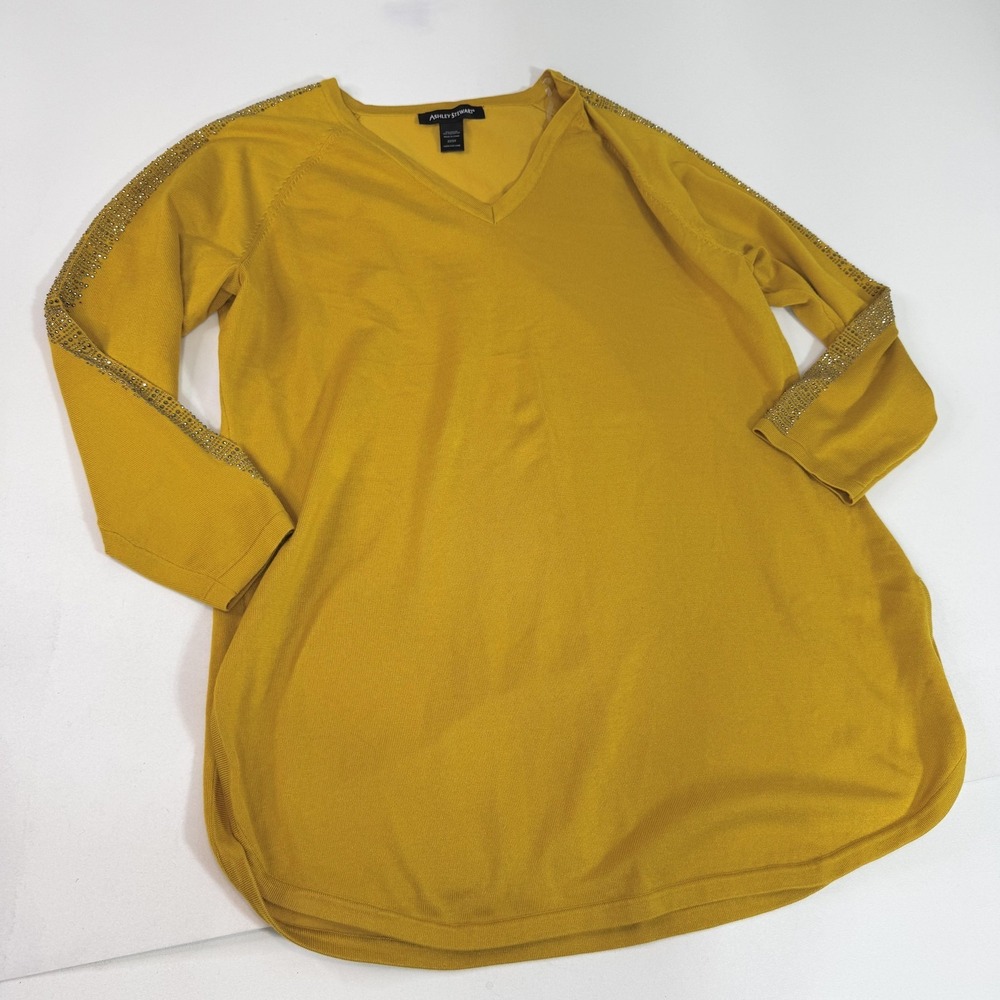 Ashley Stewart Top Womens 22/24 Mustard Yellow Embellished V-Neck Tunic Plus